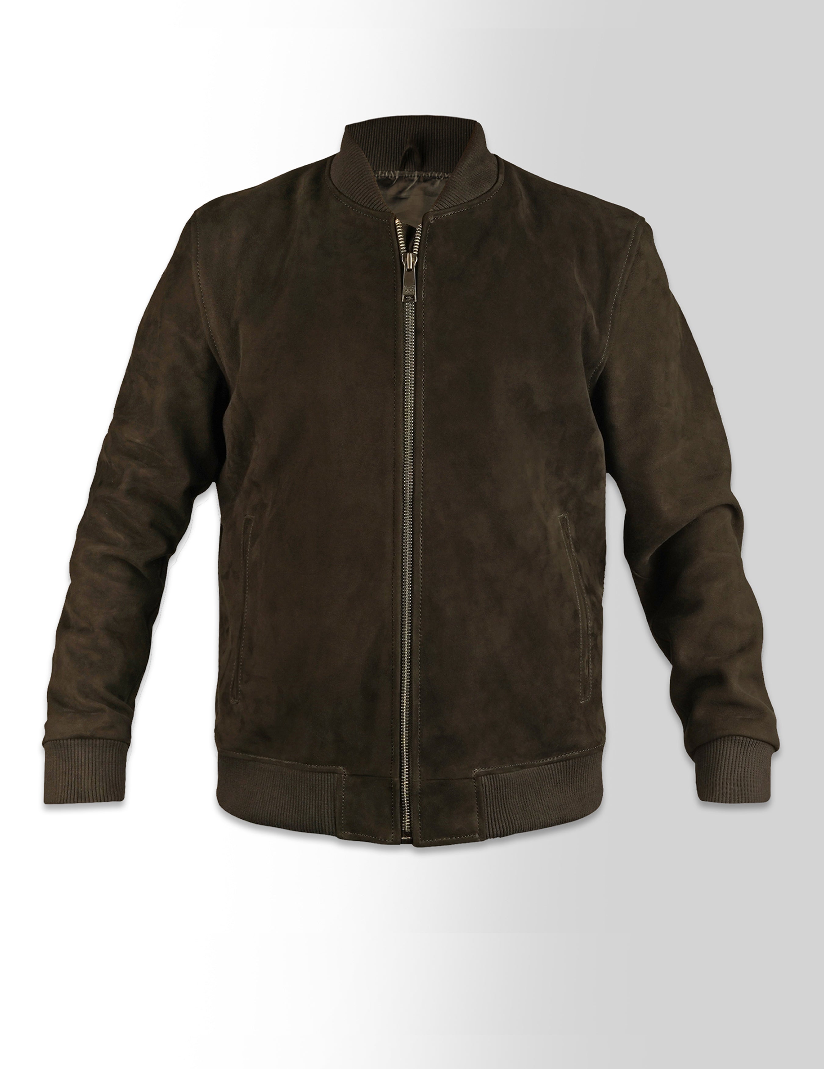 Dark Brown Suede Bomber Jacket For Men's - Cachee Cave