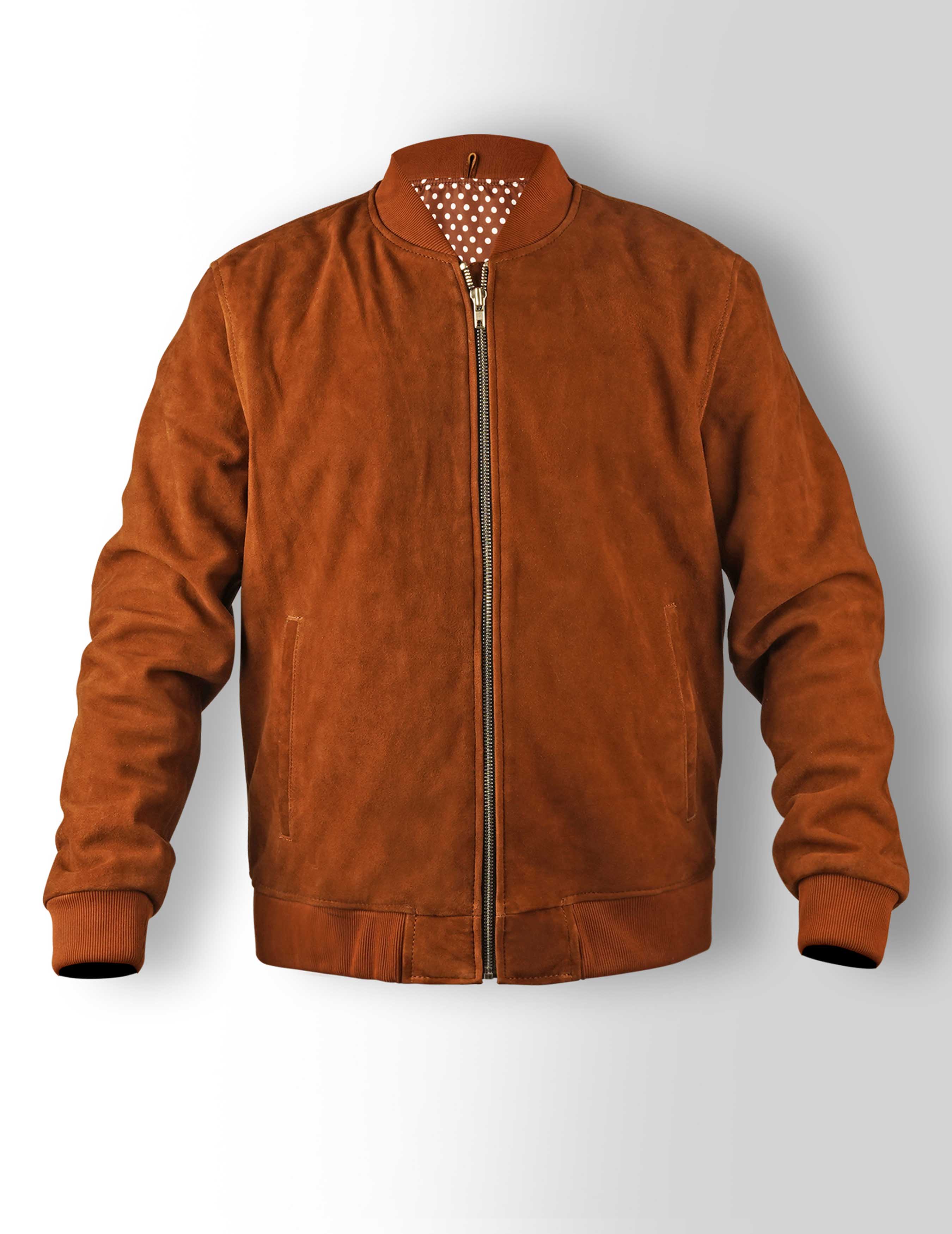 Men's Caramel Brown Suede Bomber Jacket - Cachee Cave