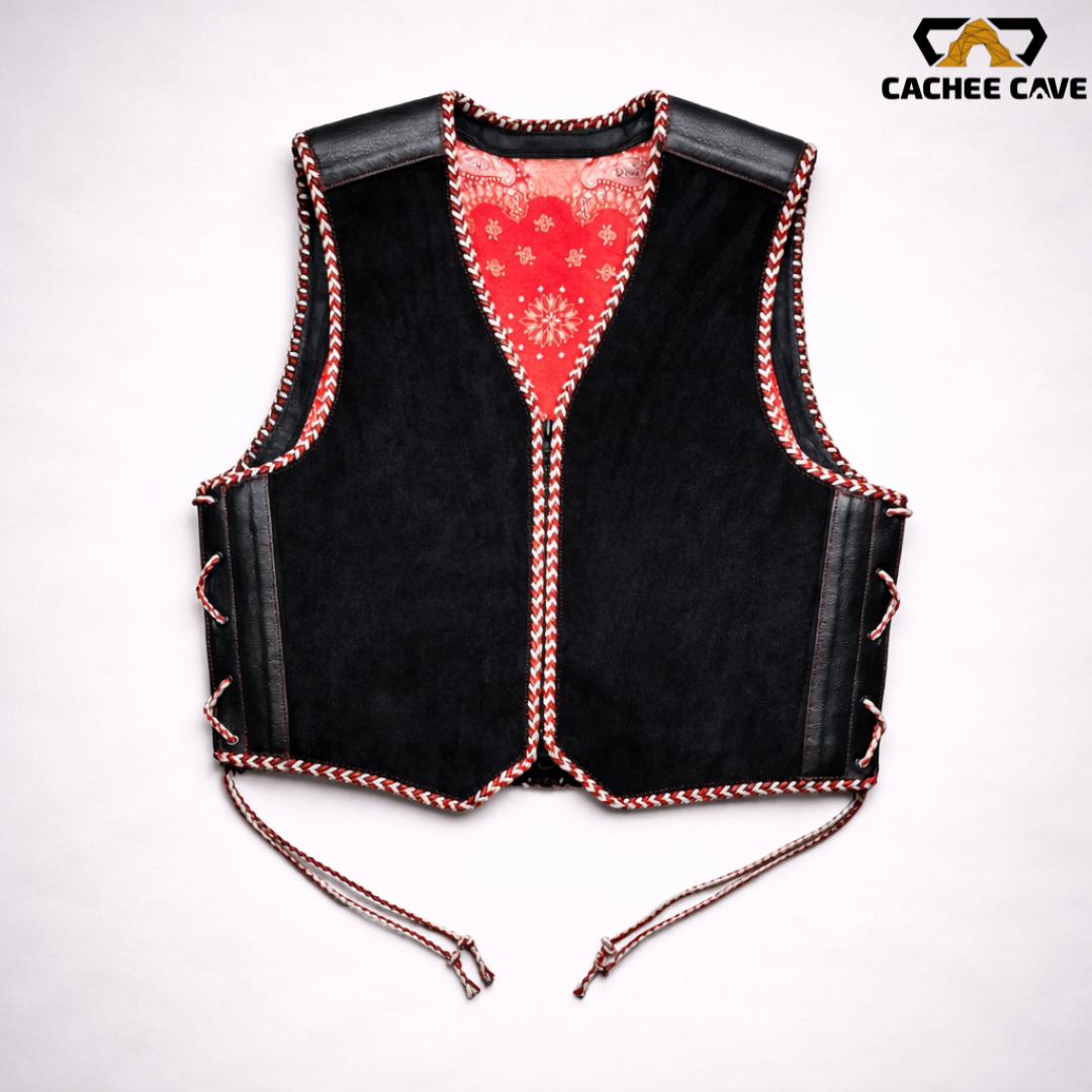 Australian Style Black Suede Leather Vest – Red & White Braided Finish