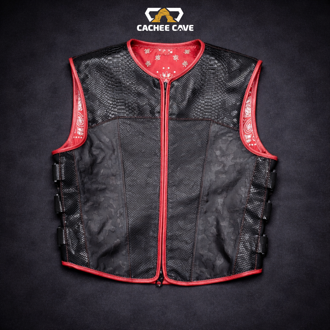 Tactical Snake Pattern Leather Vest – Black Camo with Red Stitch