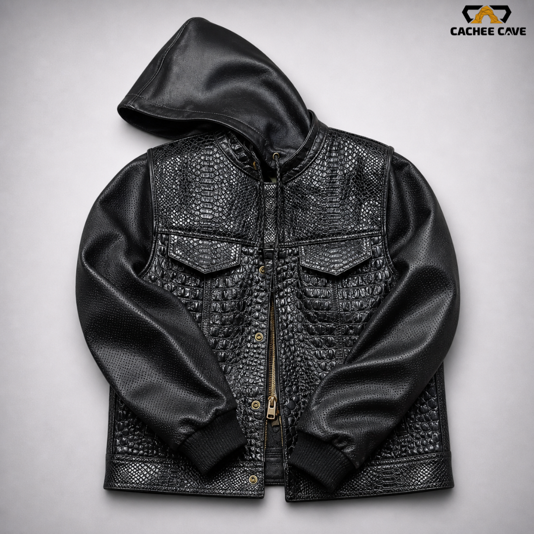 Men’s Hooded Crocodile Leather Vest Jacket – Removable Sleeves