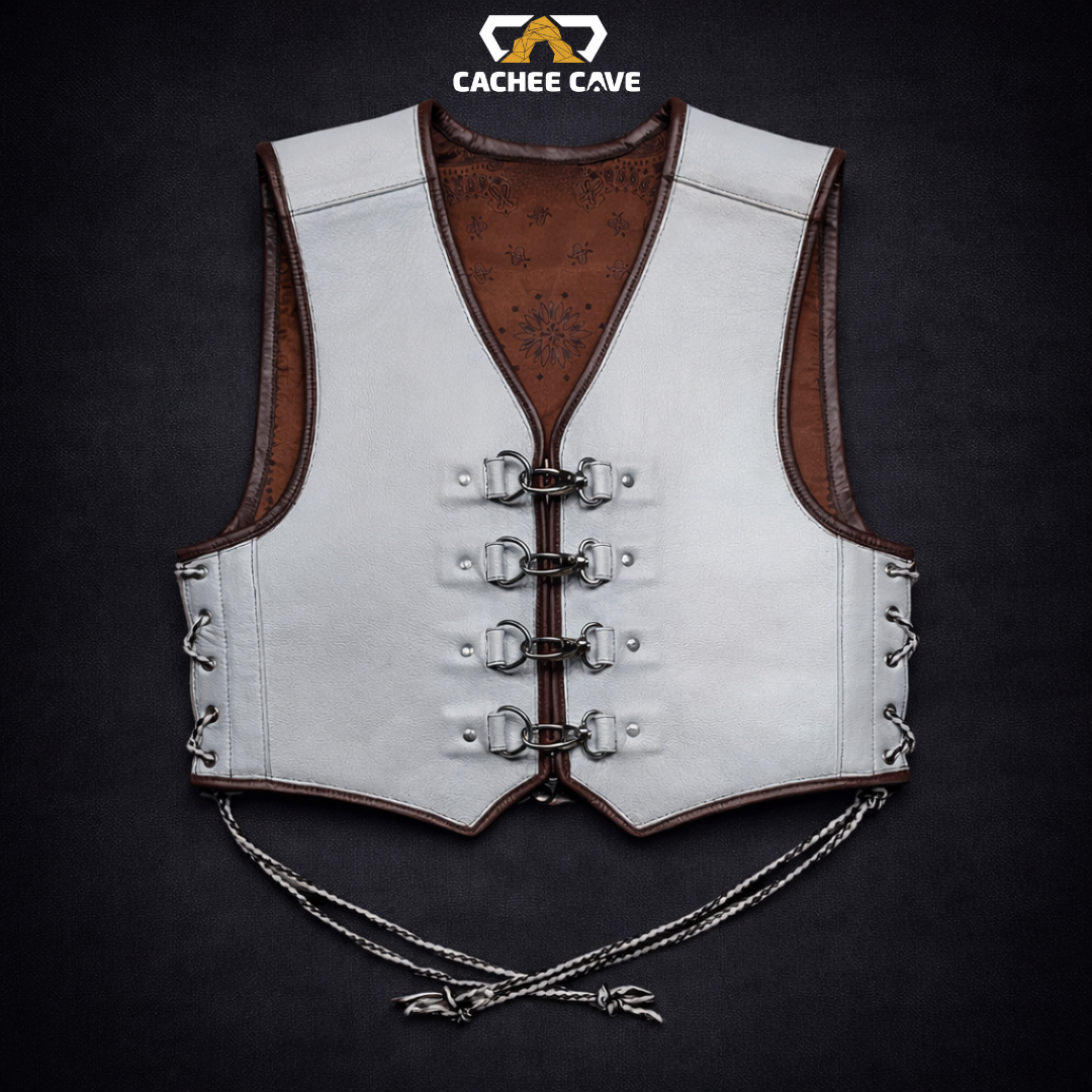 Australian Style White Cowhide Leather Vest – Silver Clasp Design