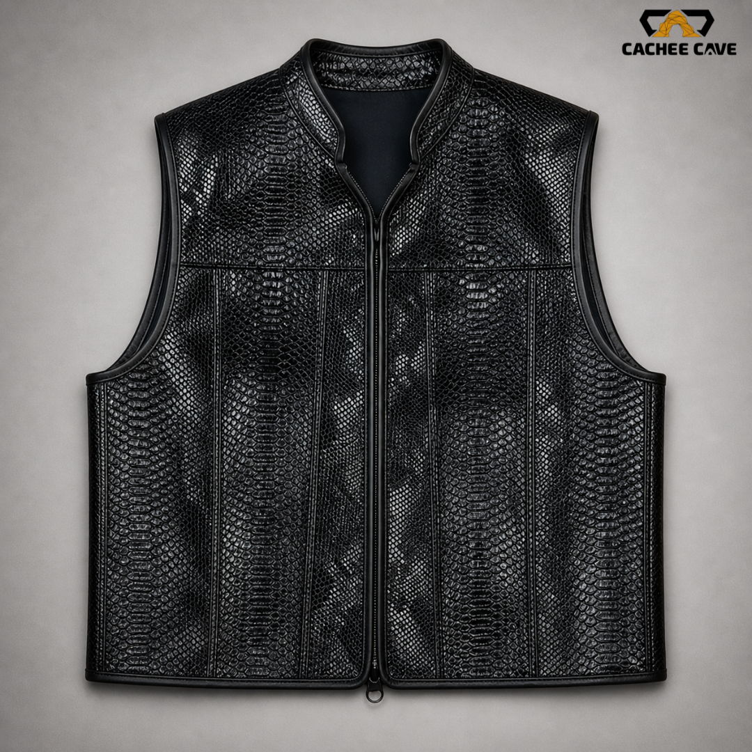 Men’s Black Snake Leather Vest – Euro Style Biker Vest