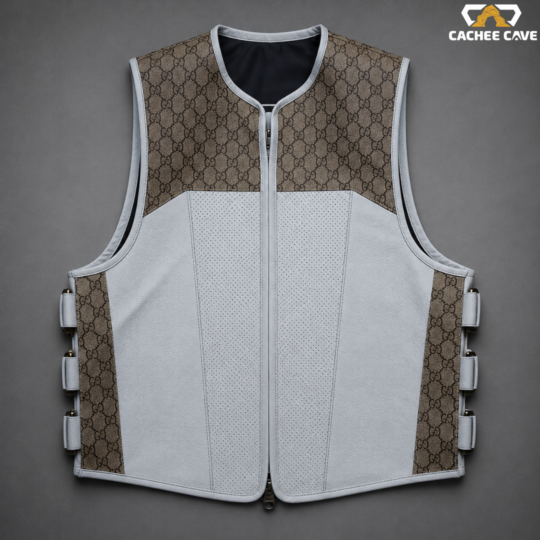 Men's White Leather Tactical Motorcycle Vest
