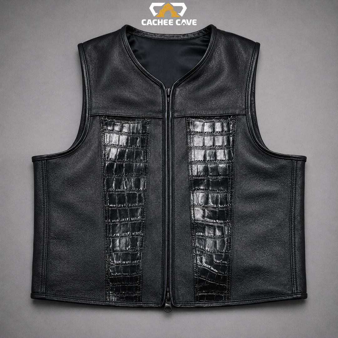 Black Cowhide Euro Style Motorcycle Leather Vest
