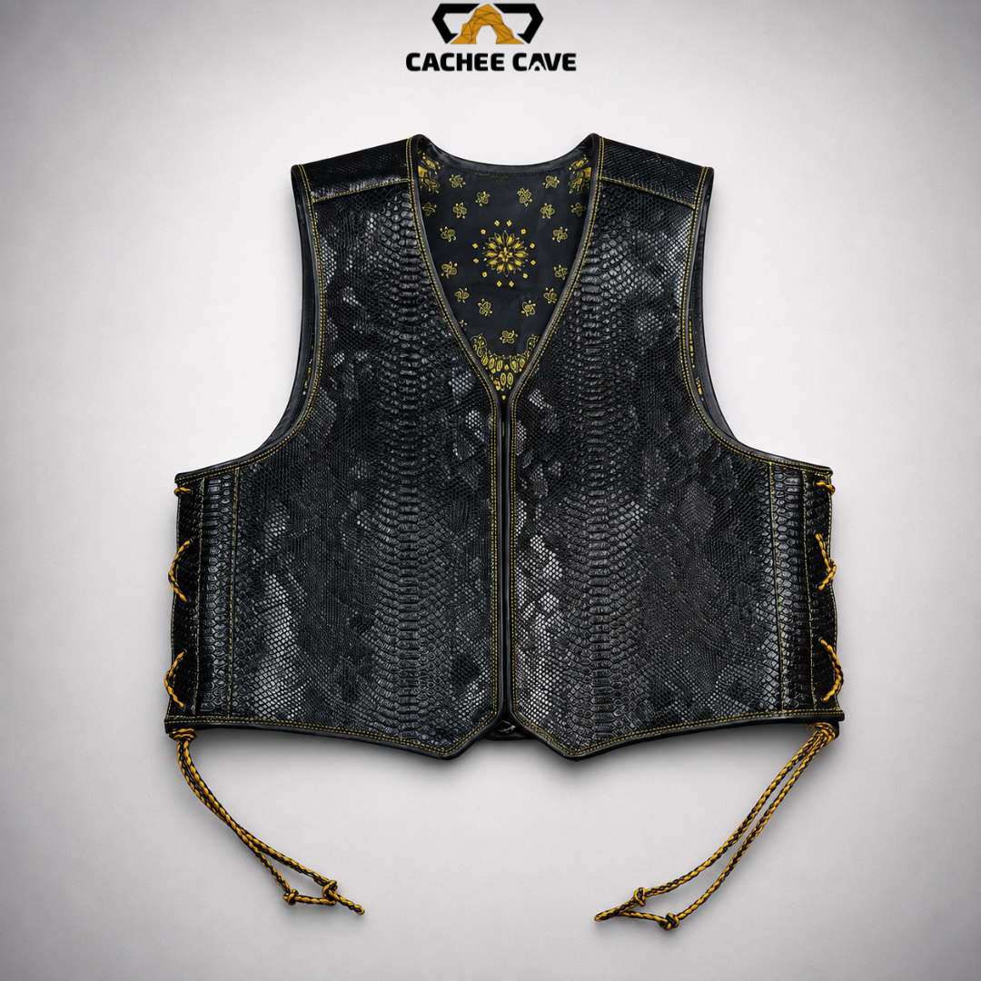 Men's Black Snake Leather Australian Biker Vest
