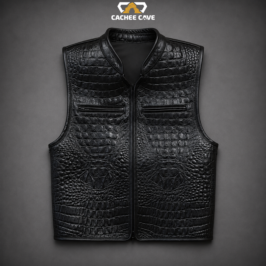 Women's Black Crocodile Leather Motorcycle Vest