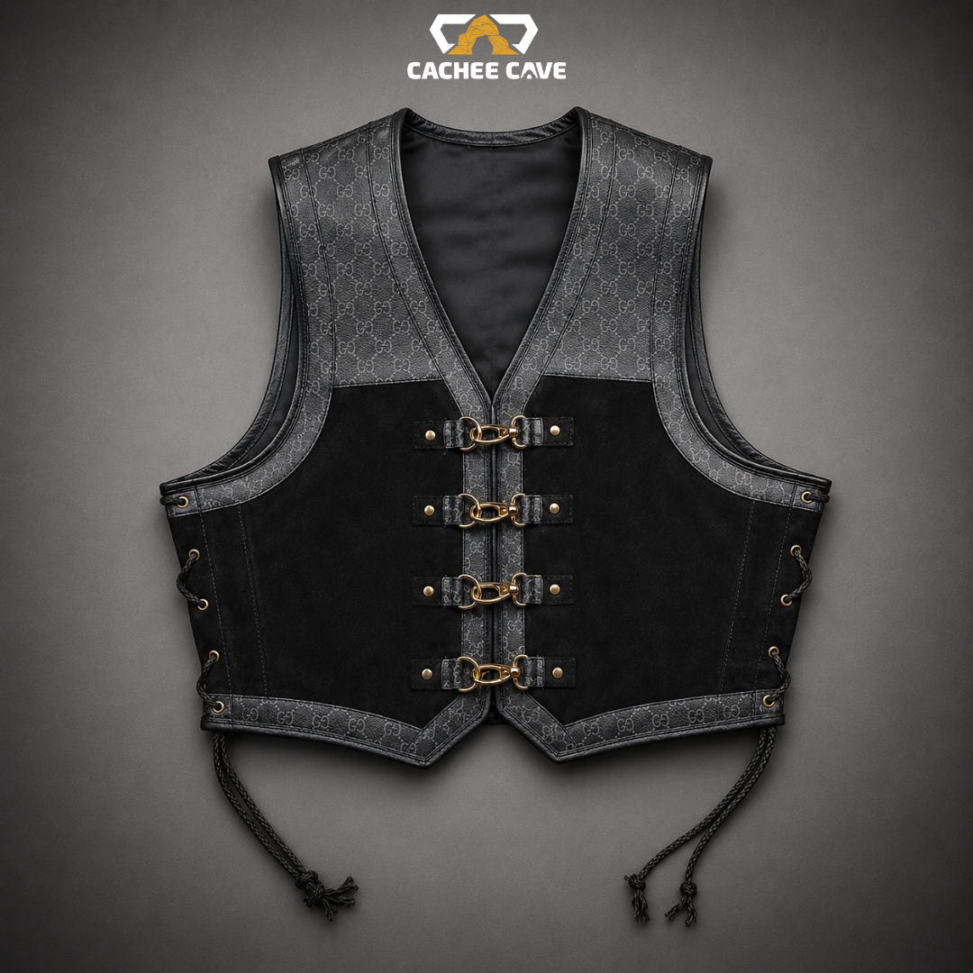 Men's Three Material Australian Leather Biker Vest
