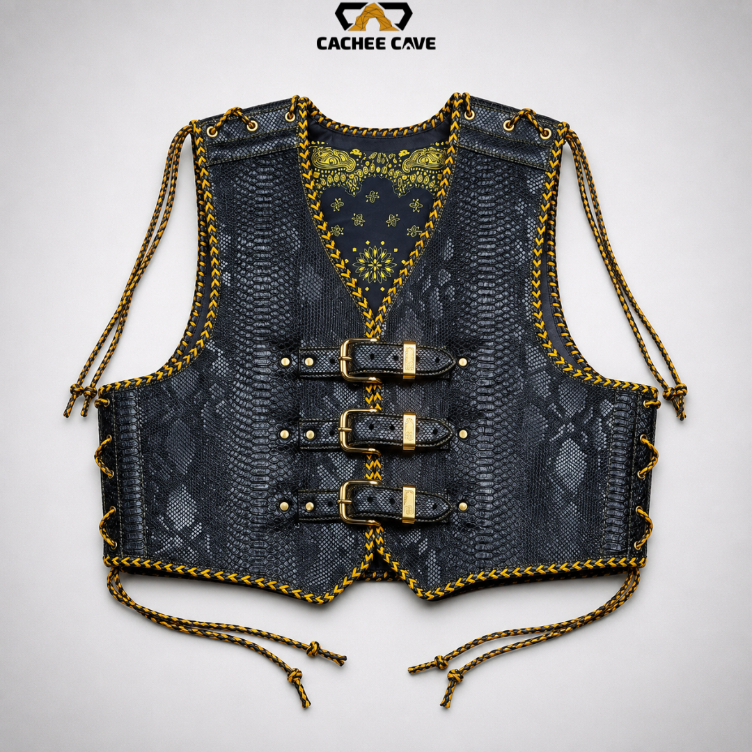 Men's Black Snake Pattern Australian Motorcycle Vest
