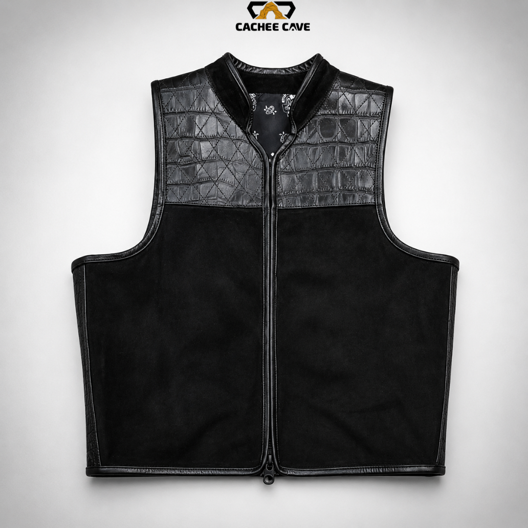 Men's Black Croc Belly & Suede Leather Motorcycle Vest