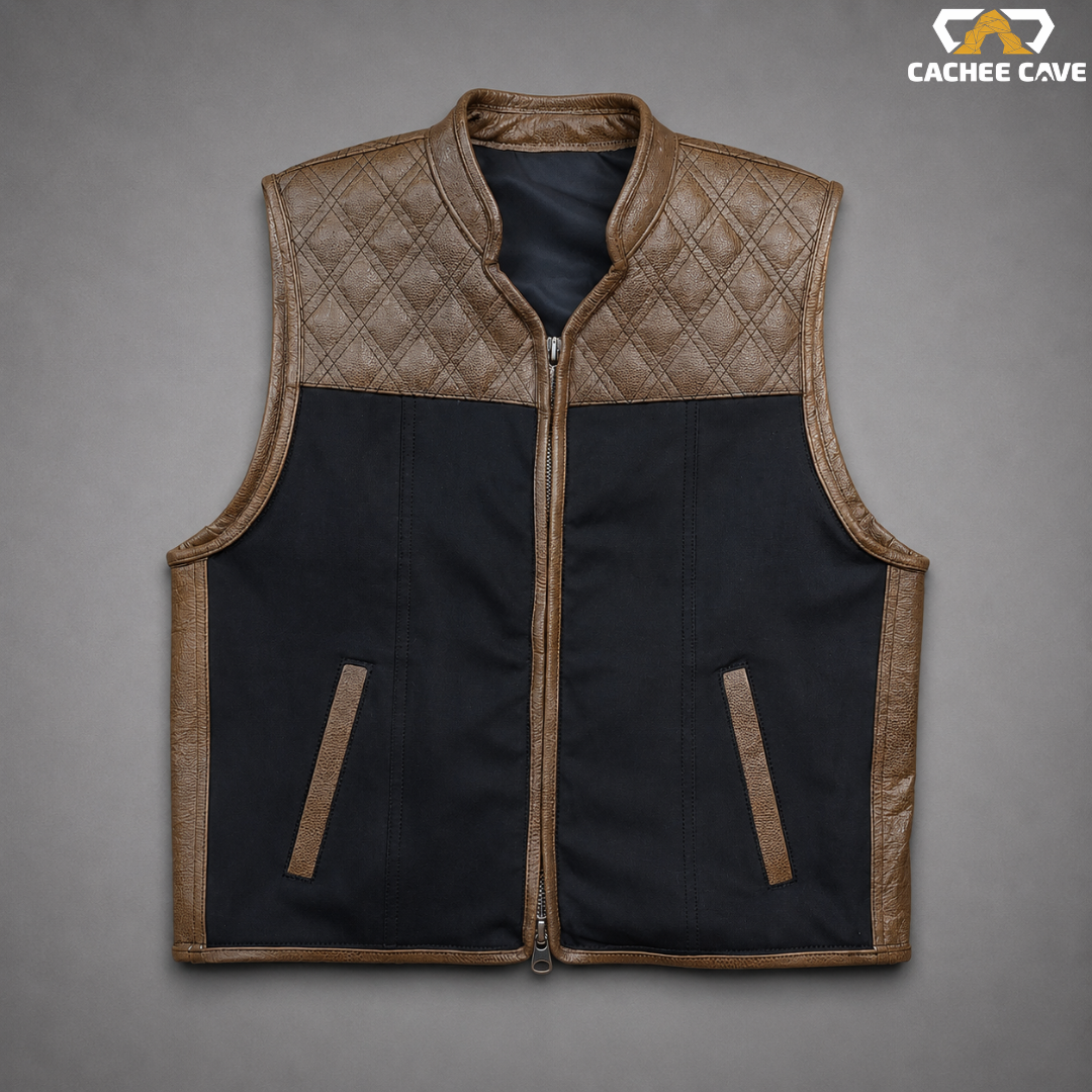 Men's Double Diamond Stitch Leather & Denim Biker Vest
