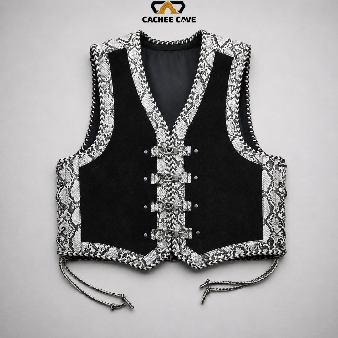 Men's Black & White Snake Pattern Australian Leather Vest