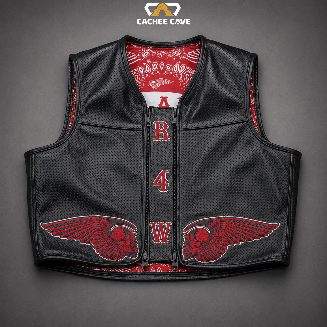 Men's Euro Style Perforated Leather Motorcycle Club Vest
