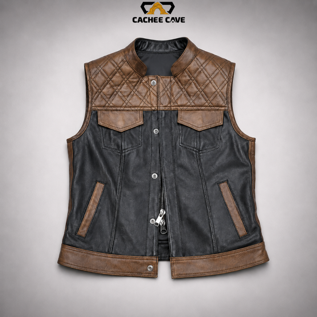 Women's Double Diamond Leather Vest – Black & Brown Cowhide