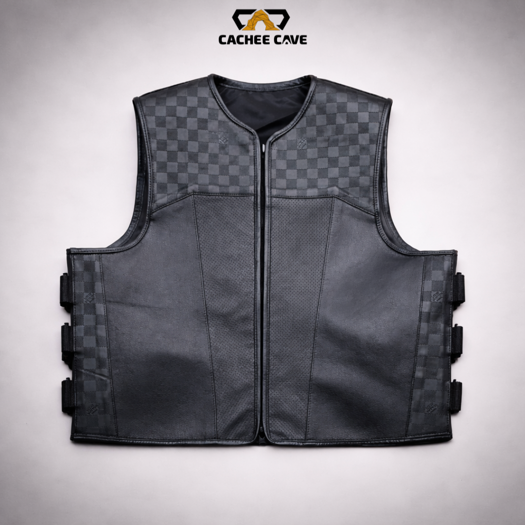 Tactical Style Cowhide Leather Vest – Black Utility Design