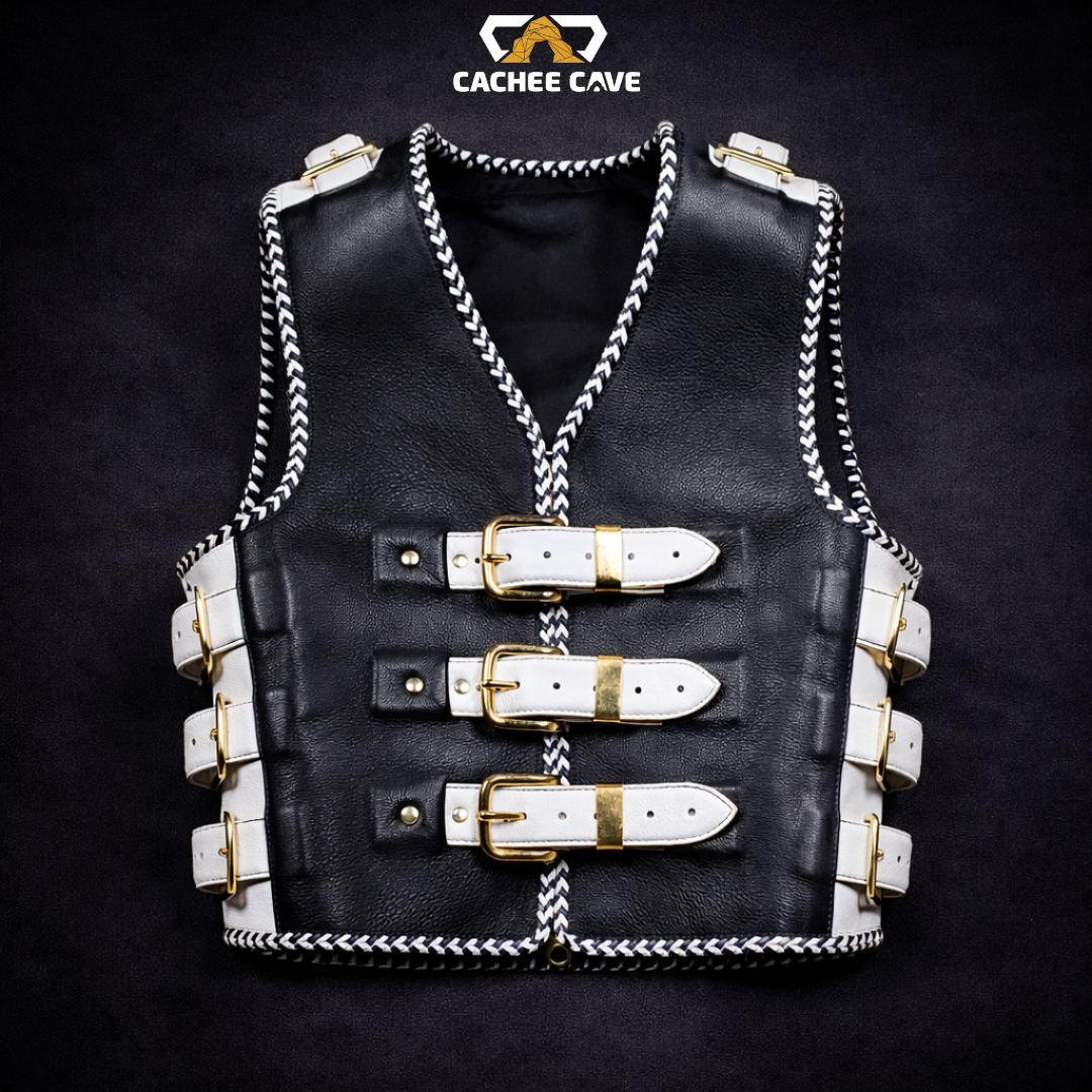 New Zealand Style Buckle Leather Vest – Black & White Cowhide