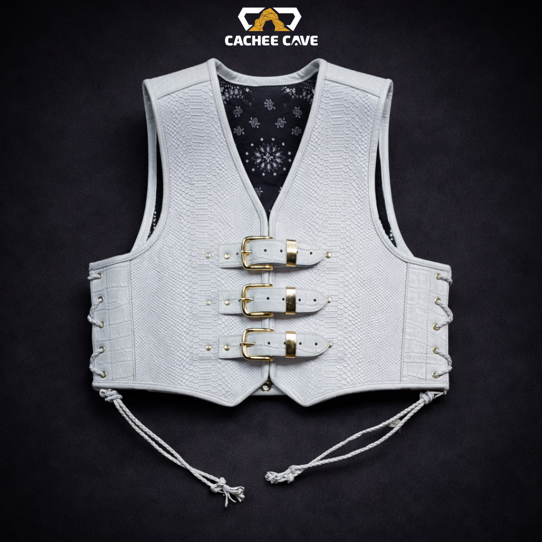 Australian Style White Snake Leather Vest – Gold Buckle Design