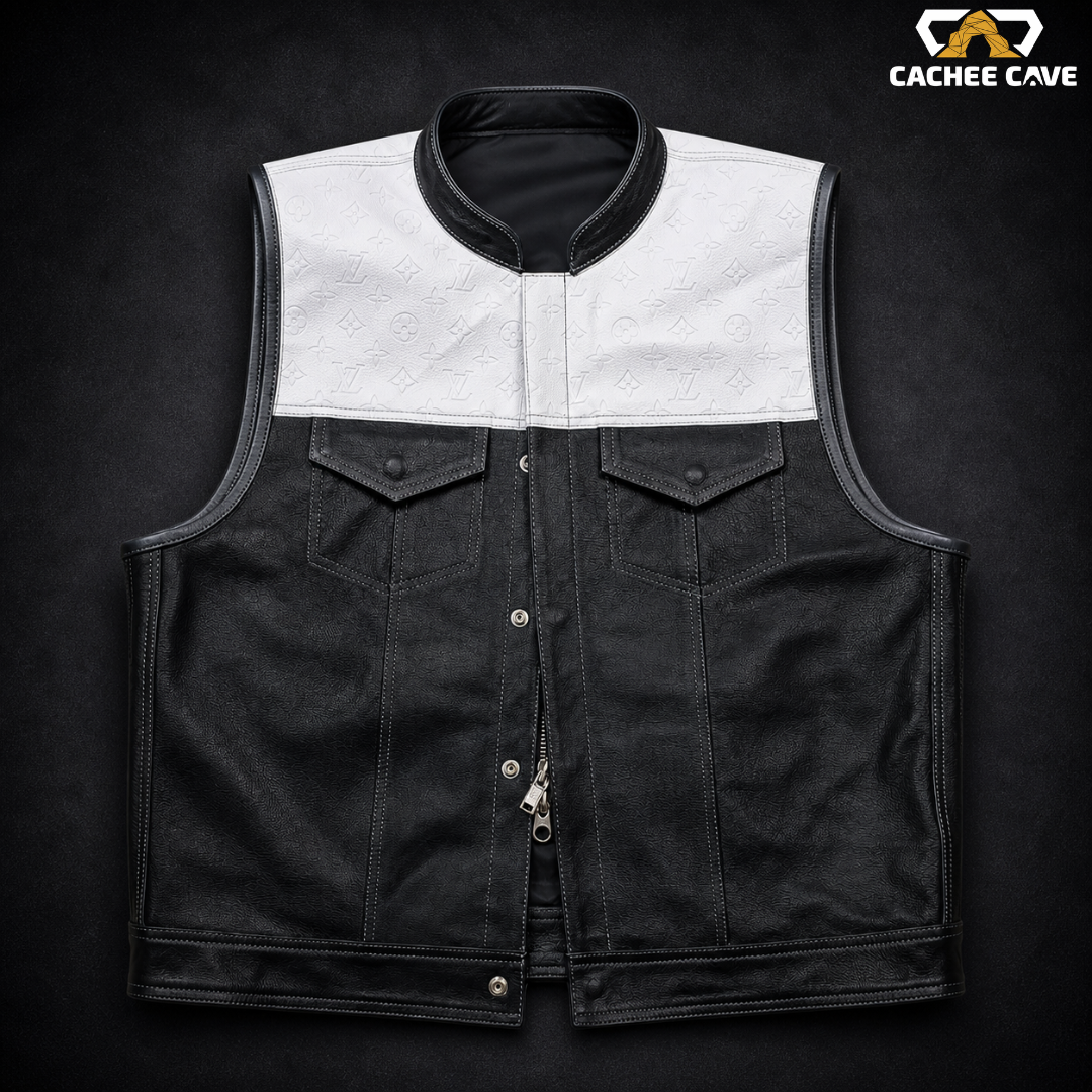 Men’s Black Leather Vest with White Designer Panel