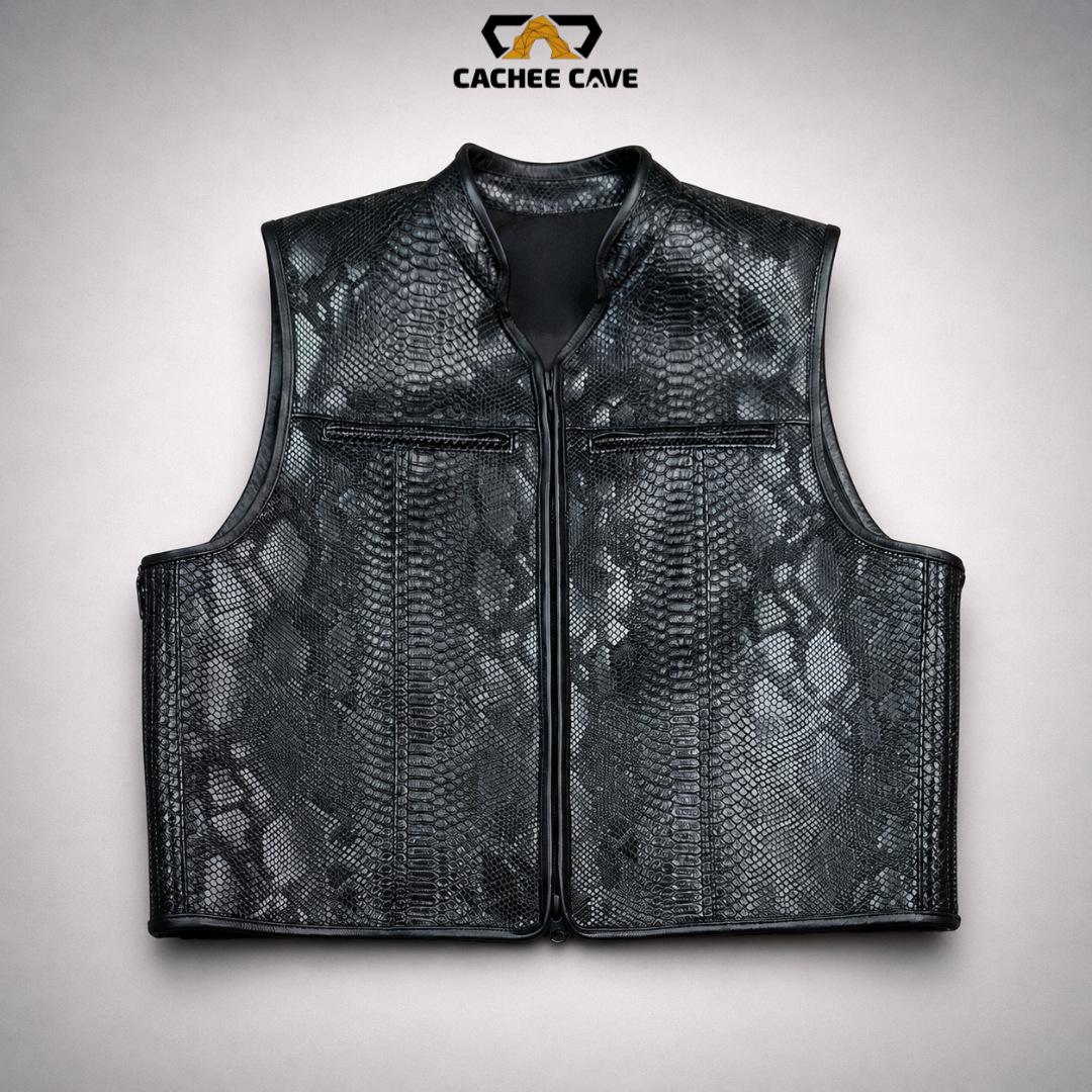 Black Sopythana Snake Pattern Euro Leather Vest