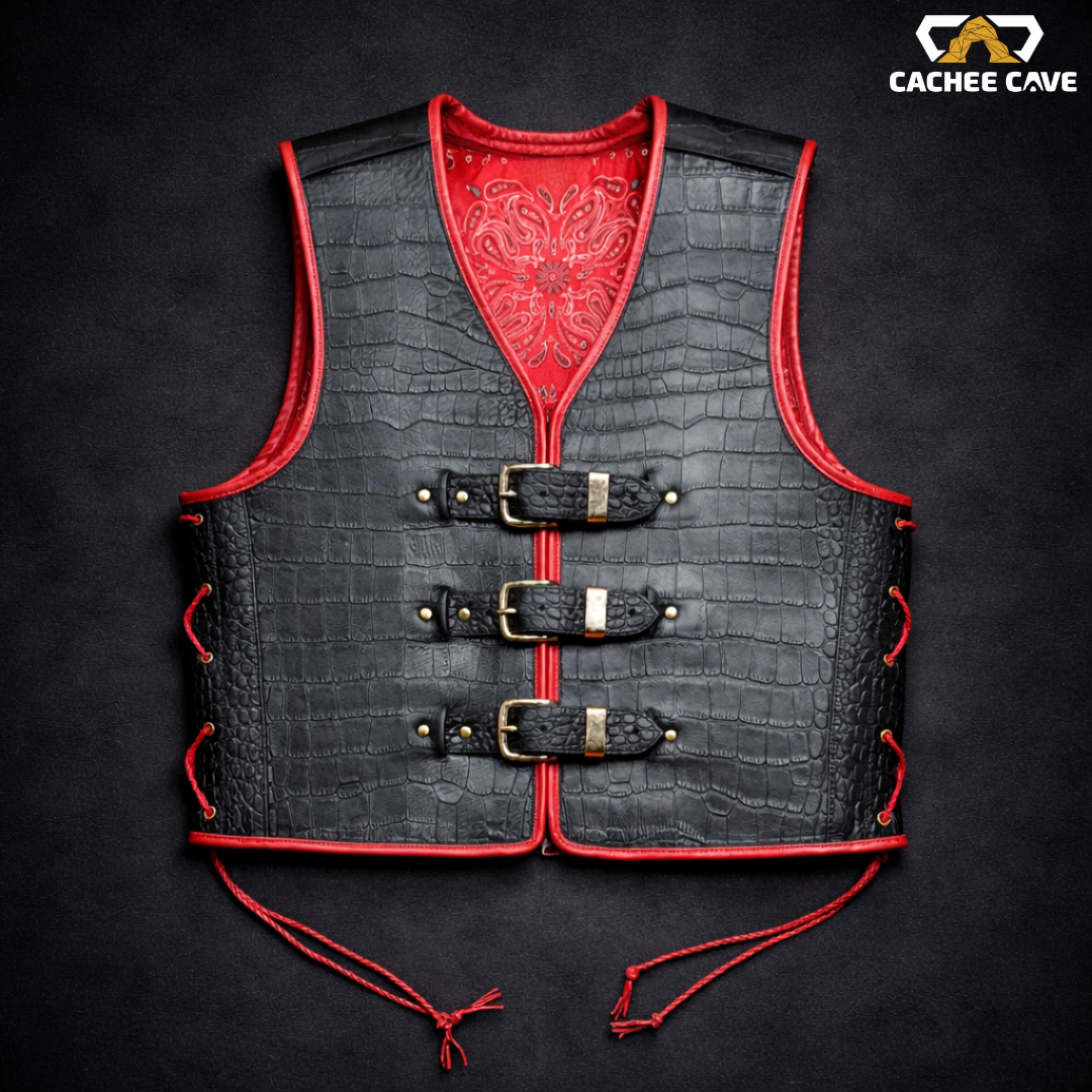 New Zealand Style Croc Belly Leather Vest – Black with Red Trim
