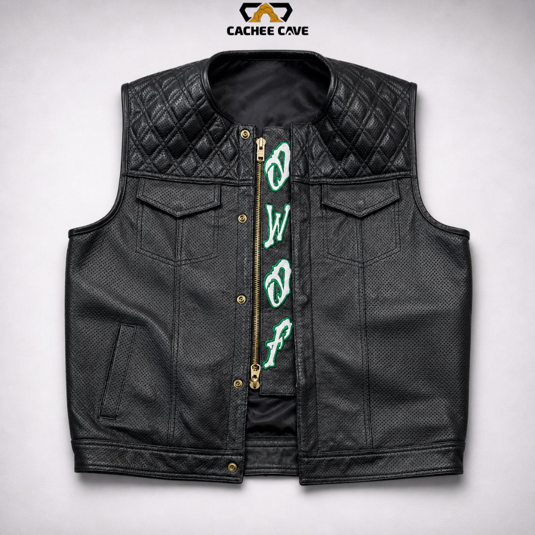 Men’s Perforated Leather Vest – Double Diamond Quilted Style