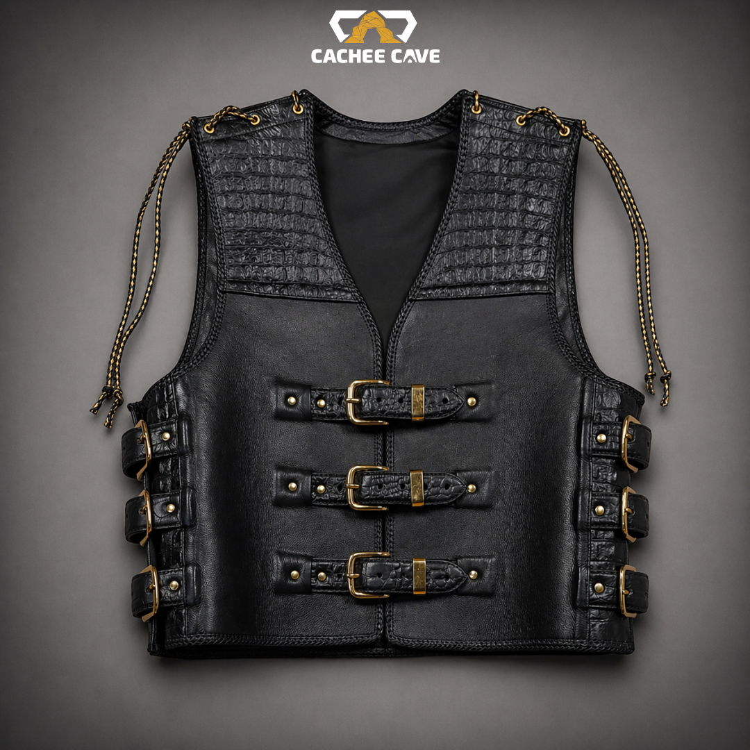 Men’s Black Croc Leather Vest – New Zealand Style Buckles