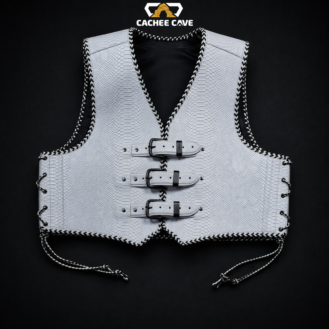 Men’s White Snake Leather Vest – Australian Style Biker Vest