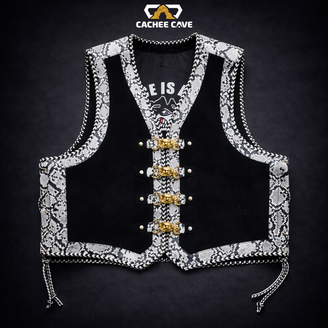 Australian Style Black & White Snake Border Vest – Black Suede