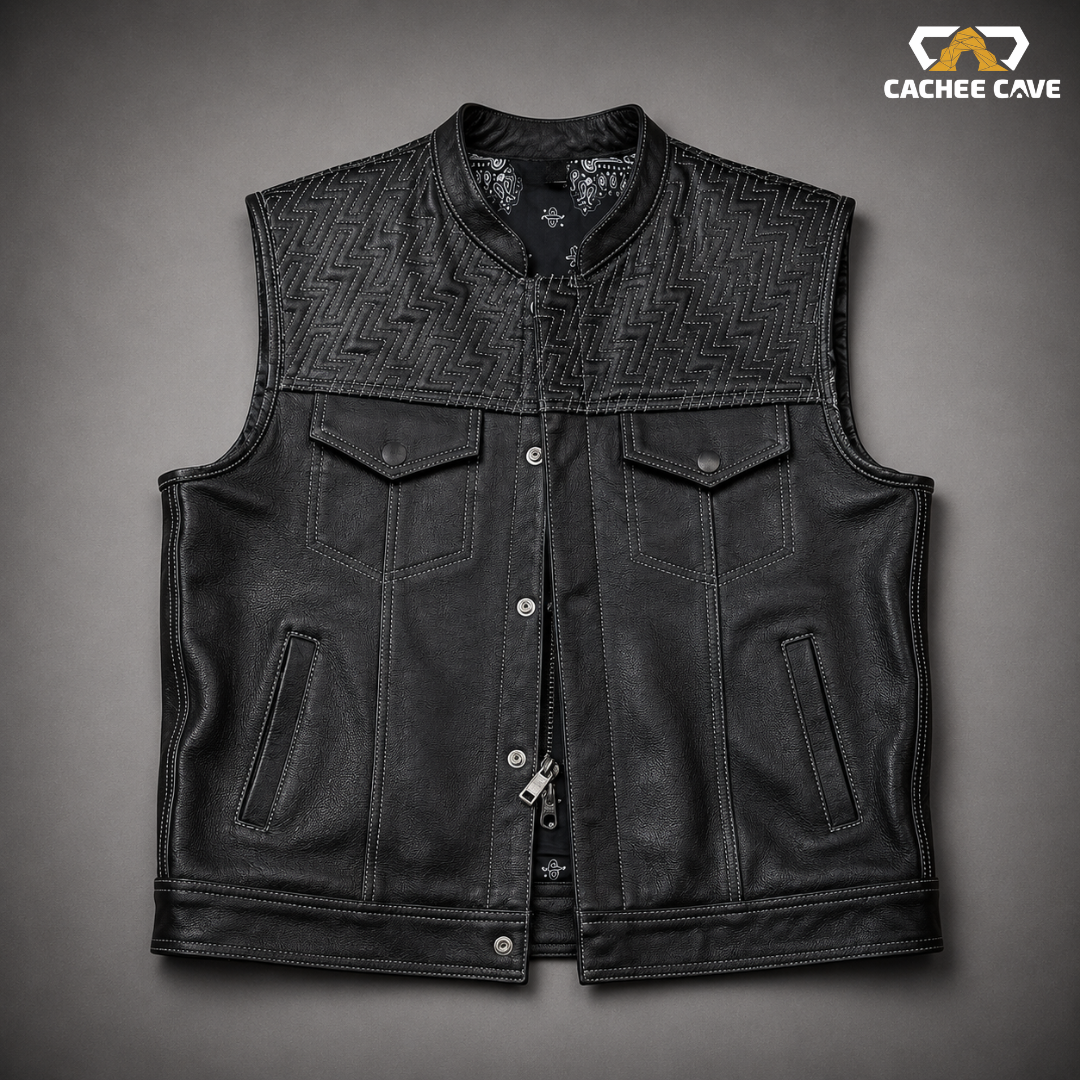 Men’s Double Bolt Leather Vest – Black Cowhide Biker Style