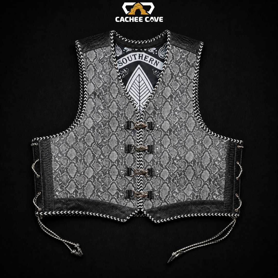 Men’s Black & White Snake Leather Vest – Australian Style