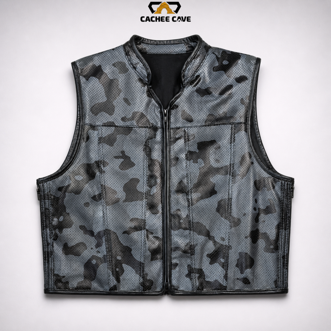 Men’s Black Gray Camo Leather Vest – Euro Style Vest