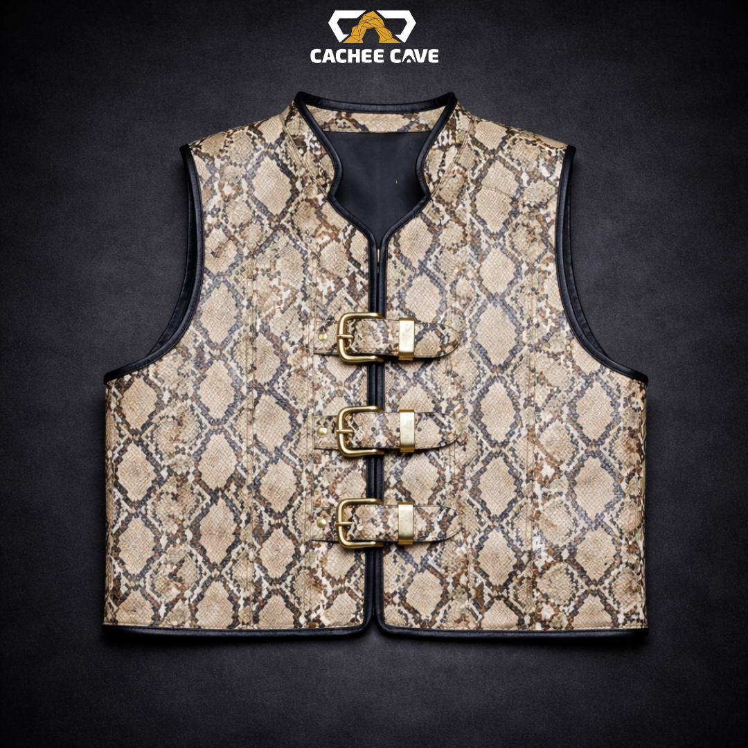 Euro Style Rattlesnake Pattern Leather Vest – Gold Buckle Design