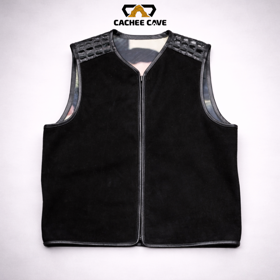 Euro Style Black Suede Leather Vest – Croc Shoulder Detail