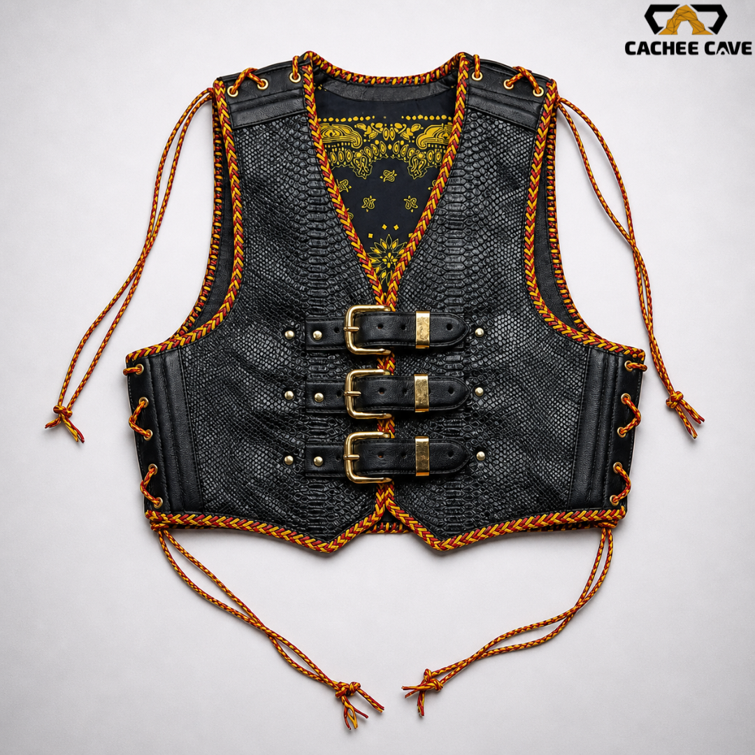 Men’s Black Snake Leather Vest – Australian Style Biker Vest