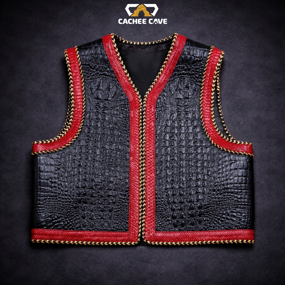 New Zealand Style Croc Border Leather Vest – Black Embossed & Red Snake Trim