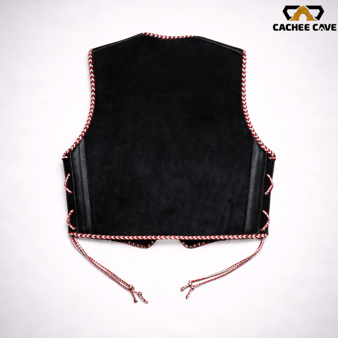 Australian Style Black Suede Leather Vest – Red & White Braided Finish