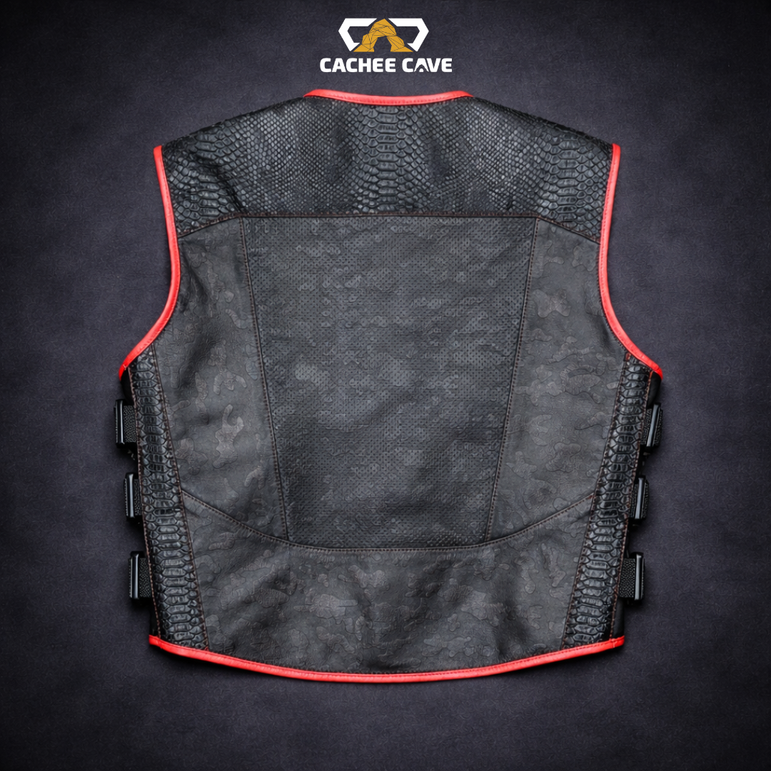 Tactical Snake Pattern Leather Vest – Black Camo with Red Stitch