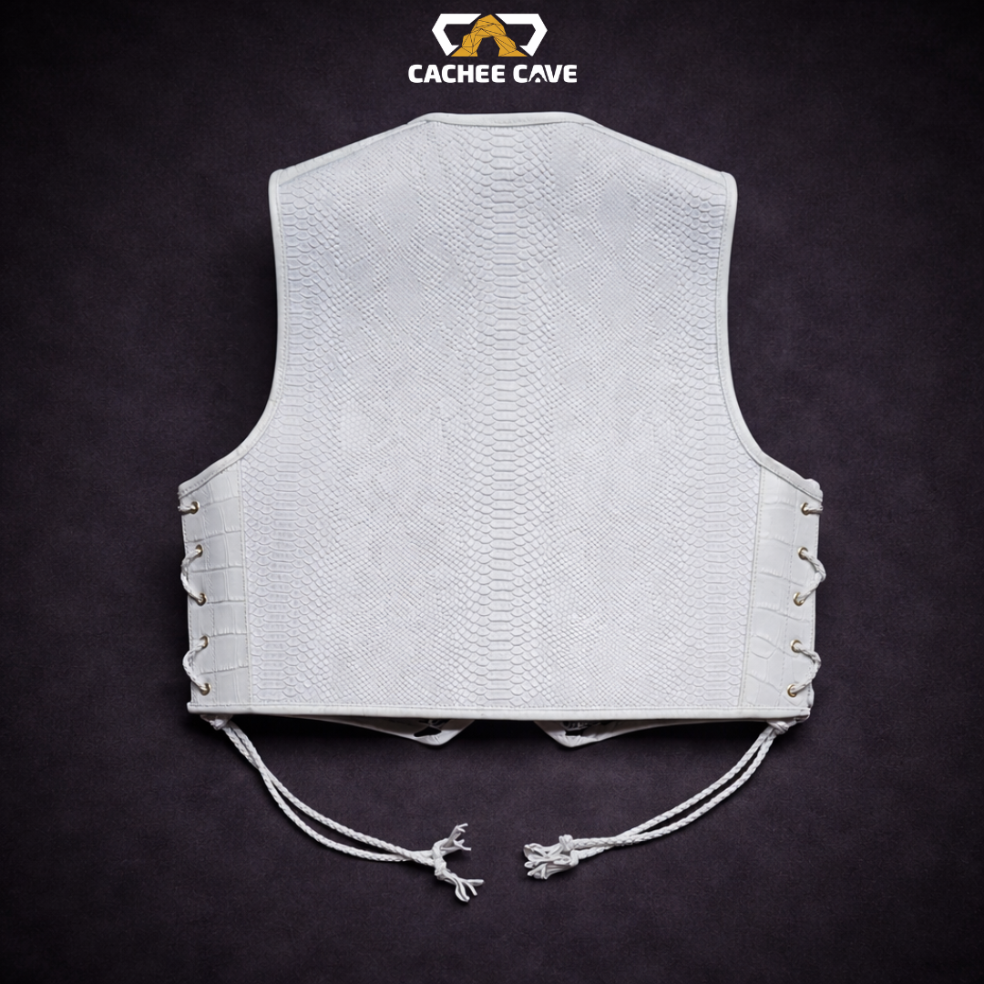 Australian Style White Snake Leather Vest – Gold Buckle Design
