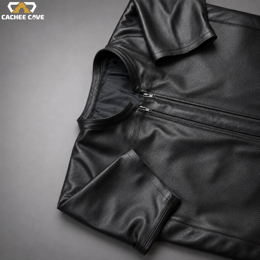 Black Cowhide Leather Short Sleeve Shirt
