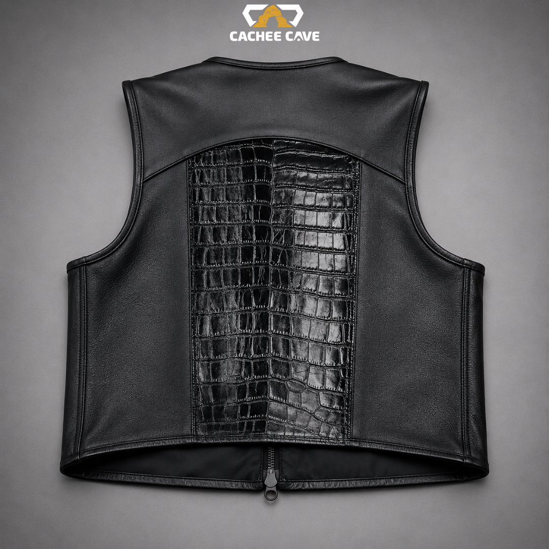 Black Crocodile Patch & Leather Biker Vest