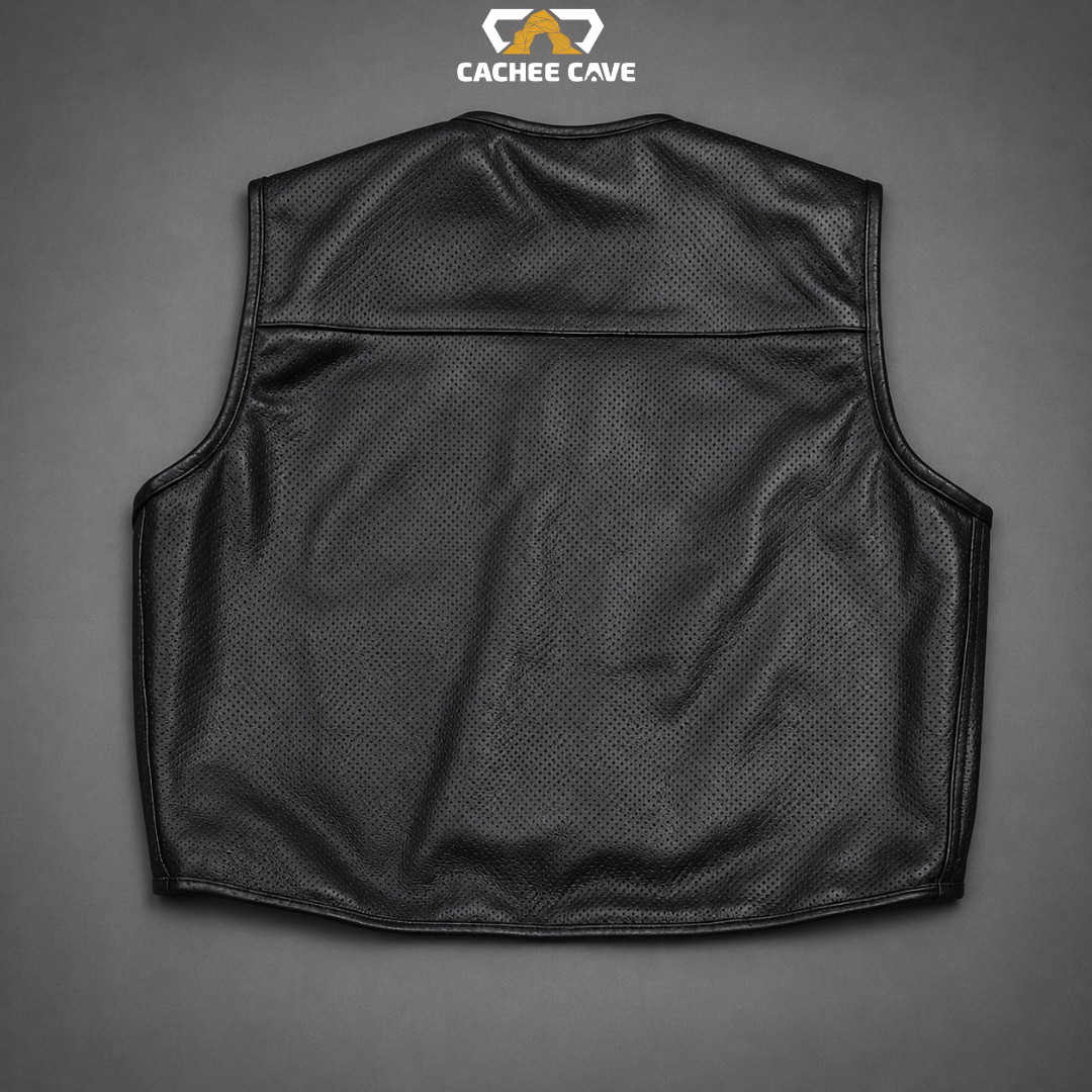 Black Perforated Cowhide Biker Vest with Club Embroidery
