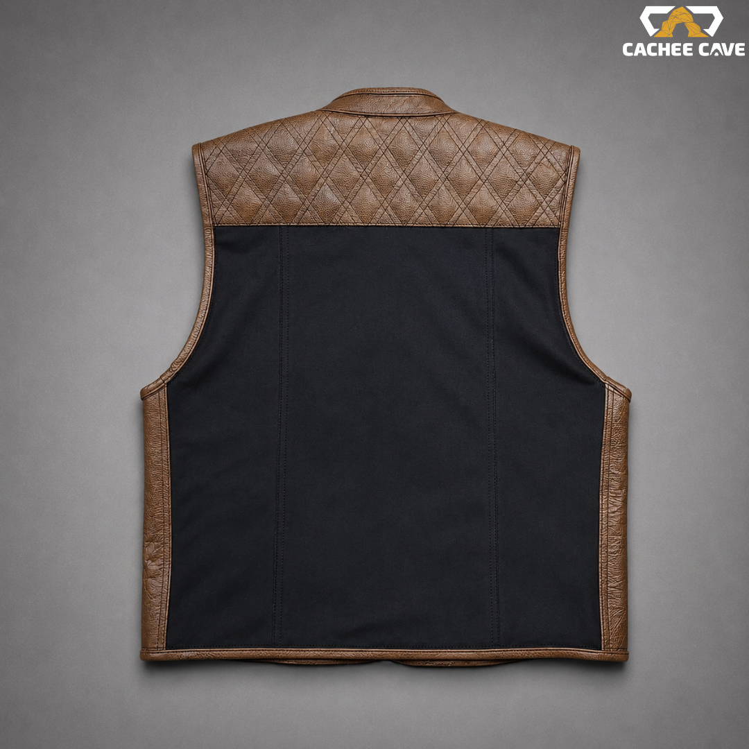 Brown Cowhide & Black Denim Motorcycle Vest for Men
