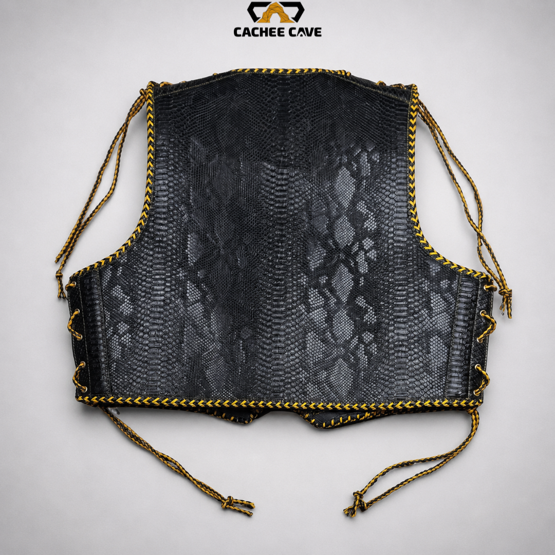 Black Python Pattern Leather Biker Vest with Gold Buckles
