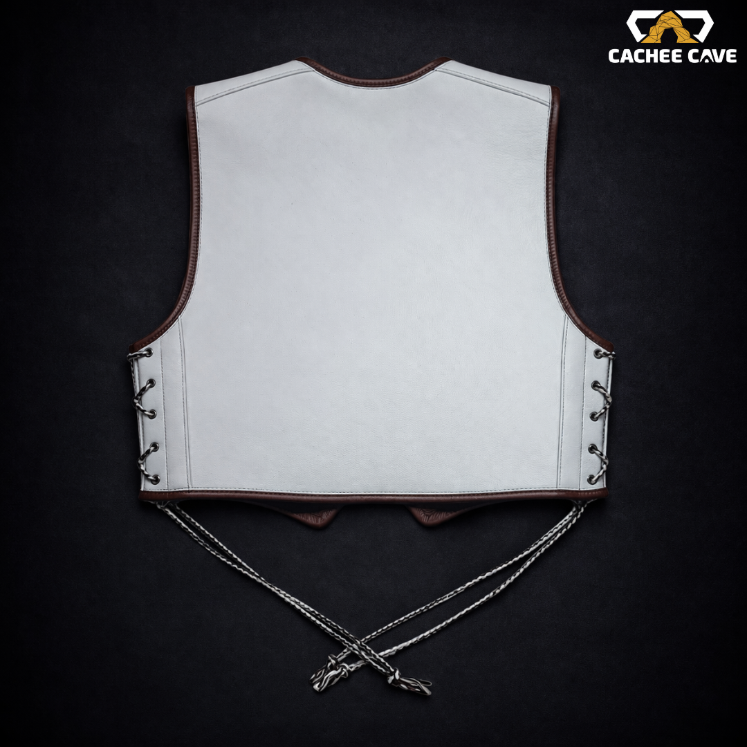 Australian Style White Cowhide Leather Vest – Silver Clasp Design