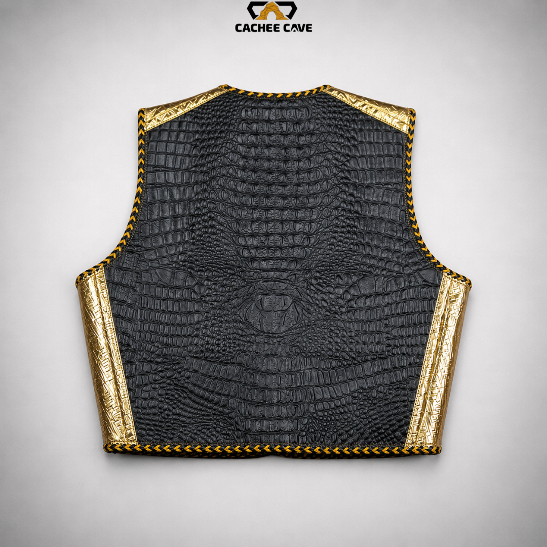 Black Crocodile & Gold Patterned Biker Vest
