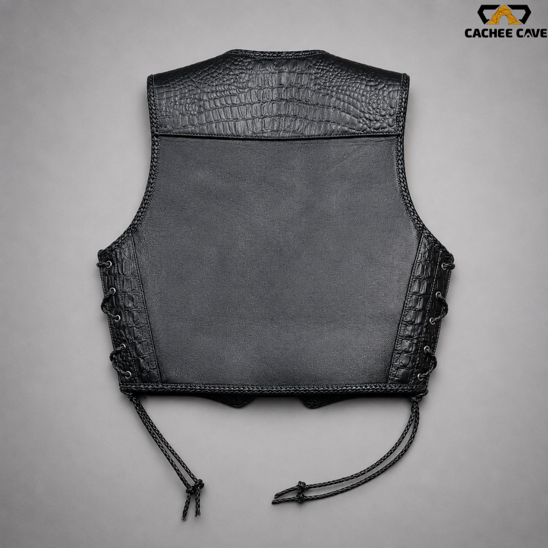 Black Cowhide & Croc Embossed Biker Vest
