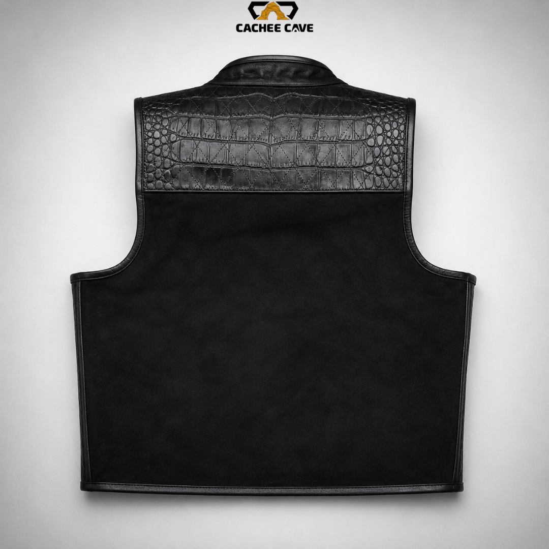 Black Crocodile Pattern Goat Suede Euro Biker Vest