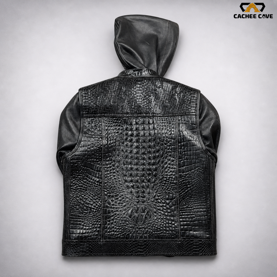Men’s Hooded Crocodile Leather Vest Jacket – Removable Sleeves