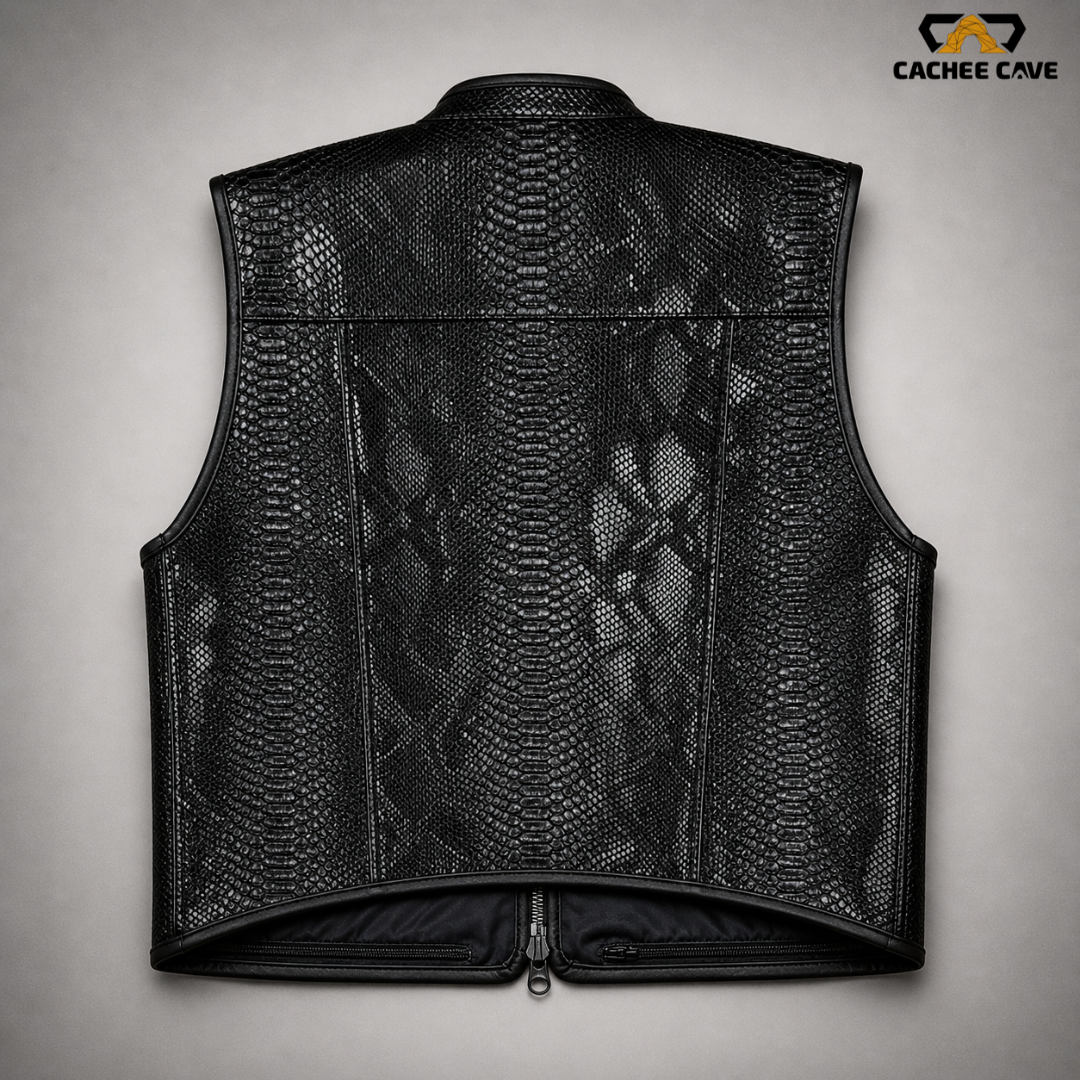 Men’s Black Snake Leather Vest – Euro Style Biker Vest