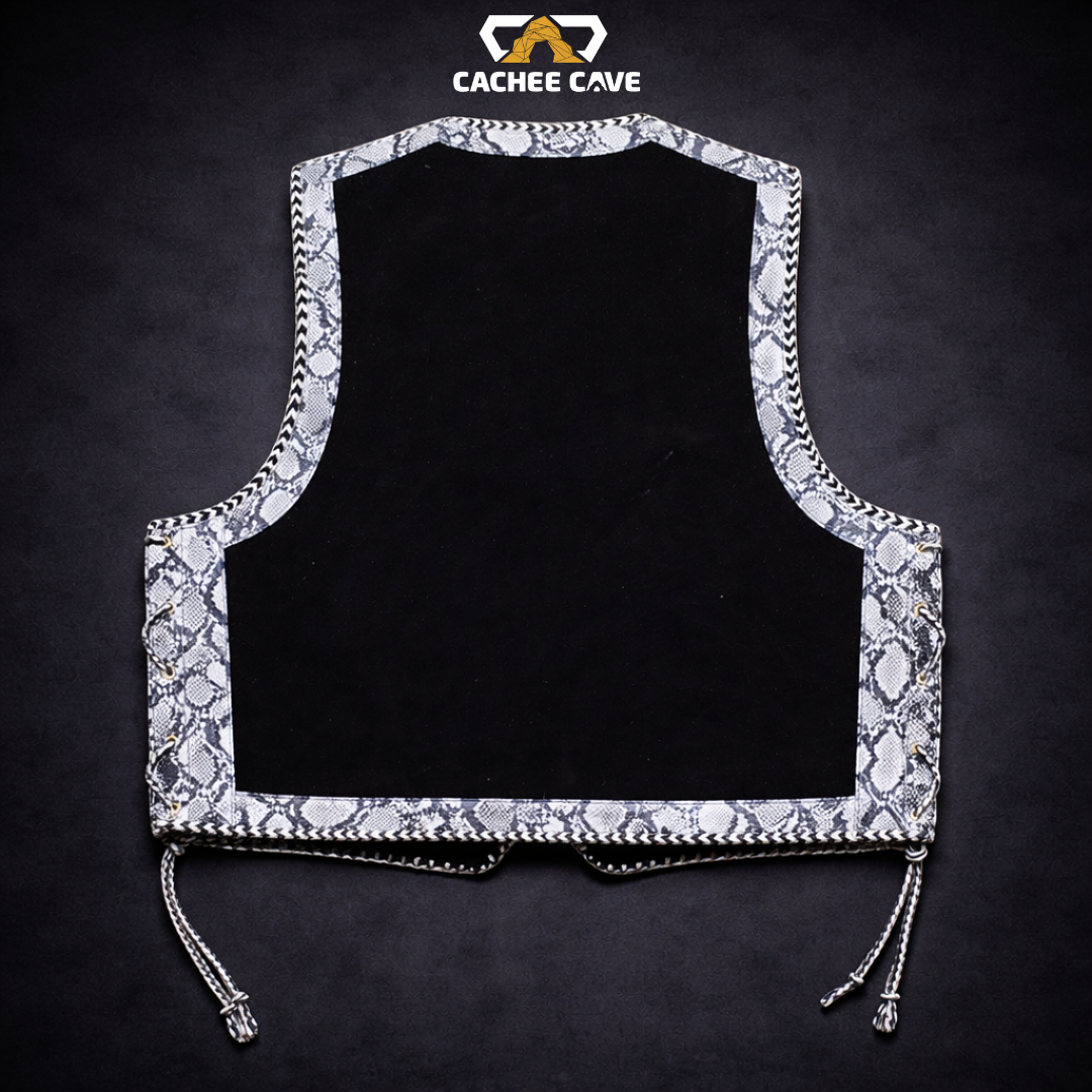 Australian Style Black & White Snake Border Vest – Black Suede